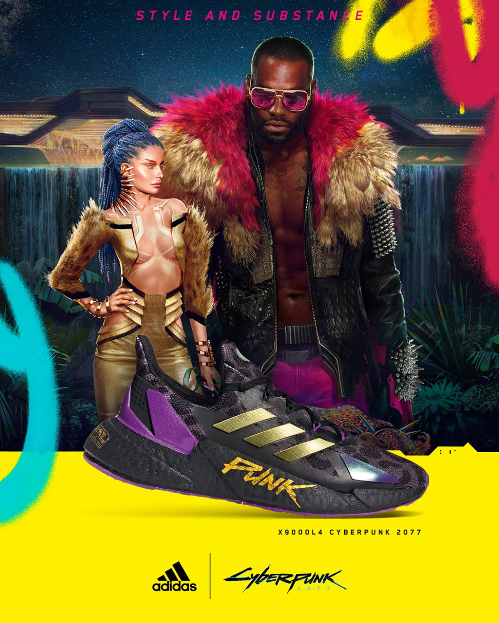 2.  adidas X9000 L4 x Cyberpunk 2077 主打款紫金配色以《Cyberpunk 2077》「夜城」內誘惑奢糜、揮金如土的風格為靈感，象徵刺激的Cyberpunk遊戲旅程即將啟動